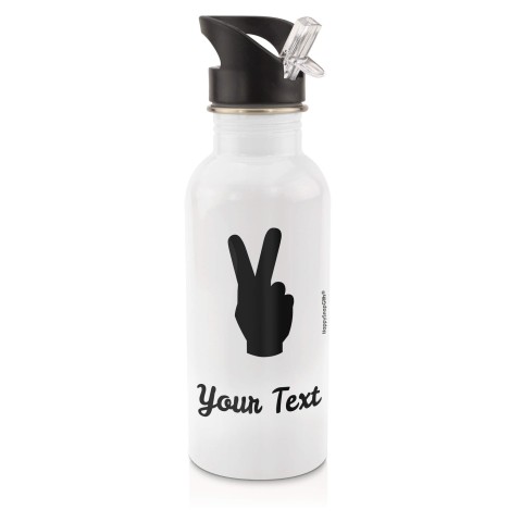in White (600ml) with Drinking Straw (Two Finger Icon) - Black (Personalised with Text)