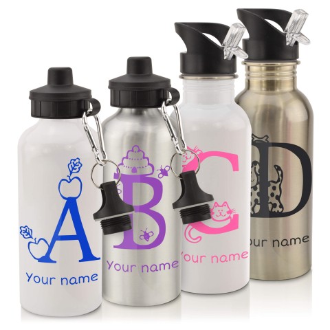 in White with Screw Cap with Alphabet Theme - Black (Personalised with Text)