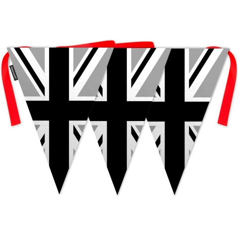 - 5 Metres with 12 Triangle Flags (28cm) with Black and White Union Jack Design Mock Suede Polyester Fabric (Optional Personalised Gift Text)