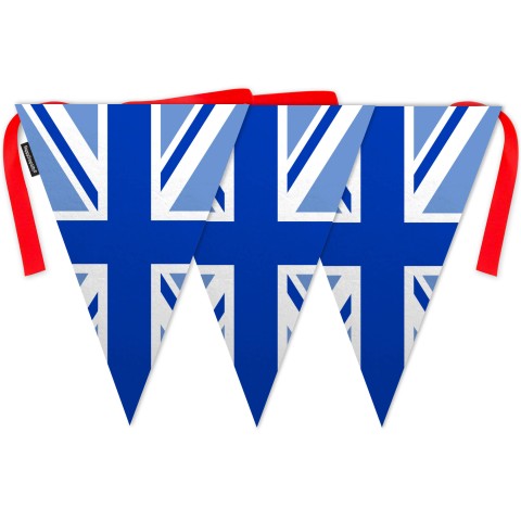 - 5 Metres with 12 Triangle Flags (28cm) with Blue Union Jack Design Mock Suede Polyester Fabric (Optional Personalised Gift Text)