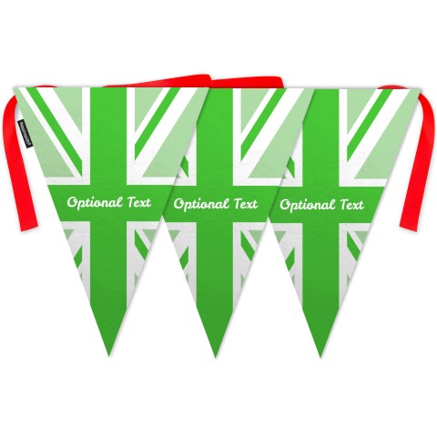 - 5 Metres with 12 Triangle Flags (28cm) with Green Union Jack Design Mock Suede Polyester Fabric