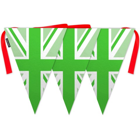 - 5 Metres with 12 Triangle Flags (28cm) with Green Union Jack Design Mock Suede Polyester Fabric (Optional Personalised Gift Text)
