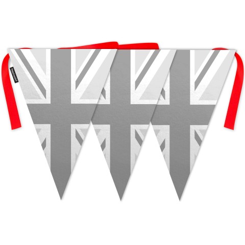 - 5 Metres with 12 Triangle Flags (28cm) with Grey Union Jack Design Mock Suede Polyester Fabric (Optional Personalised Gift Text)