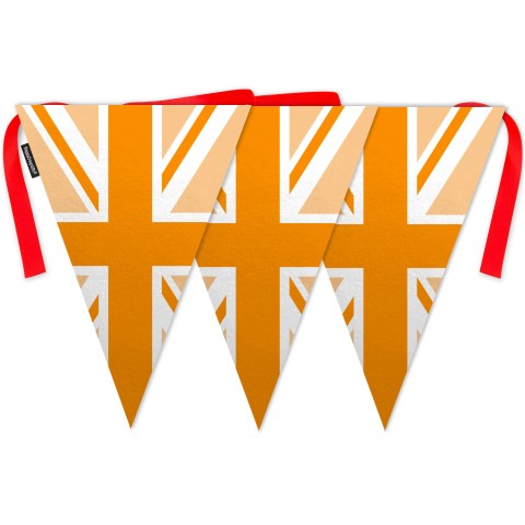 - 5 Metres with 12 Triangle Flags (28cm) with Orange Union Jack Design Mock Suede Polyester Fabric (Optional Personalised Gift Text)