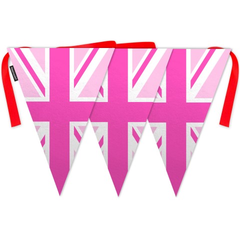 - 5 Metres with 12 Triangle Flags (28cm) with Pink Union Jack Design Mock Suede Polyester Fabric (Optional Personalised Gift Text)