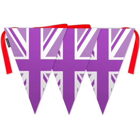 - 5 Metres with 12 Triangle Flags (28cm) with Purple Union Jack design Mock Suede Polyester Fabric (Optional Personalised Gift Text)