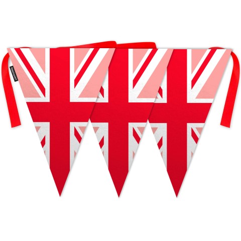 - 5 Metres with 12 Triangle Flags (28cm) with Red Union Jack Design Mock Suede Polyester Fabric (Optional Personalised Gift Text)