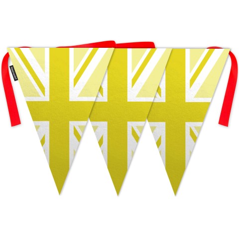 - 5 Metres with 12 Triangle Flags (28cm) with Yellow Union Jack Design Mock Suede Polyester Fabric (Optional Personalised Gift Text)