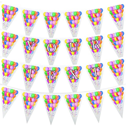 - 3 Metres with 24 Triangle Flags (20cm) with Balloons Design White Mock Suede Polyester Fabric (Optional Personalised Gift Text)