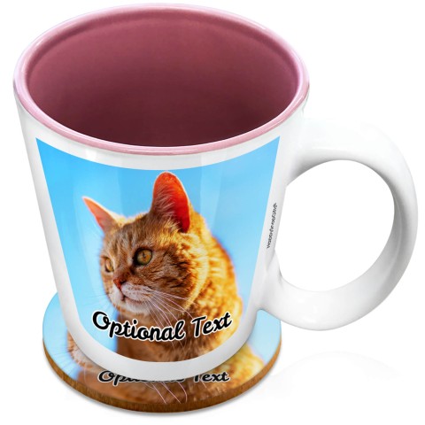 (XL 15oz Pink) with 1 Photo Printed Front & Back (Optional Personalised Gift Text) with 1 matching Circular Coaster
