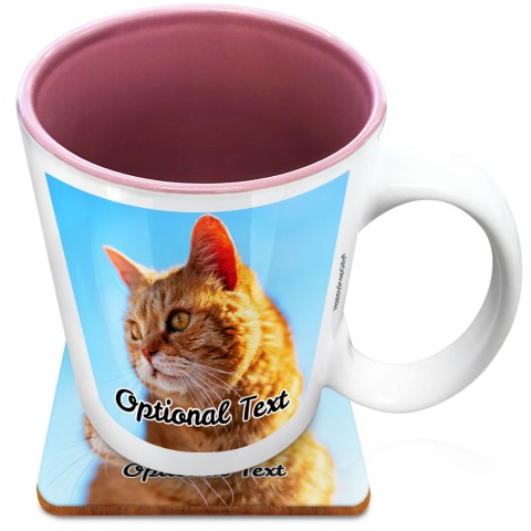 (XL 15oz Pink) with 1 Photo Printed Front & Back (Optional Personalised Gift Text) with 1 matching Square Coaster