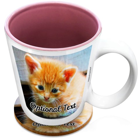 (XL 15oz Pink) with 2 Photos Printed Front & Back (Optional Personalised Gift Text) with 1 matching Circular Coaster