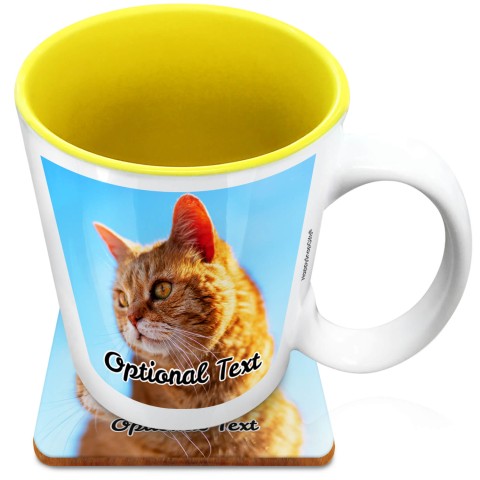 (XL 15oz Yellow) with 1 Photo Printed Front & Back (Optional Personalised Gift Text) with 1 matching Square Coaster