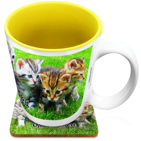 (XL 15oz Yellow) with 1 Wrapped Around Image (Optional Personalised Gift Text) with 1 matching Square Coaster