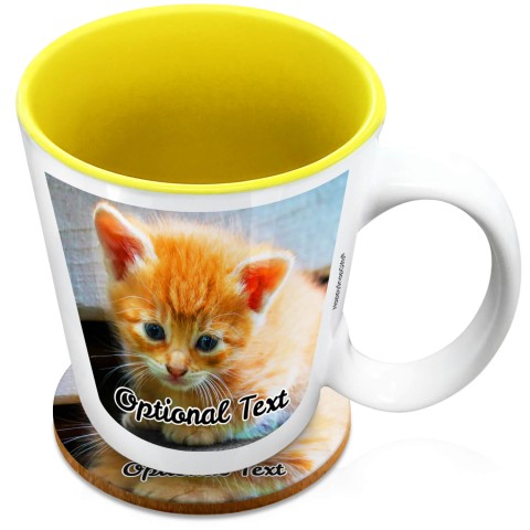 (XL 15oz Yellow) with 2 Photos Printed Front & Back (Optional Personalised Gift Text) with 1 matching Circular Coaster