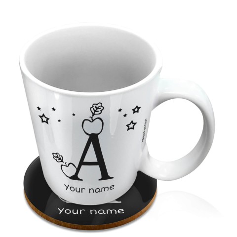 (10oz White) with Alphabet Theme Black (Optional Personalised Gift Text) with 1 matching Circular Coaster