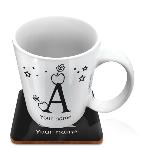 (10oz White) with Alphabet Theme Black (Optional Personalised Gift Text) with 1 matching Square Coaster