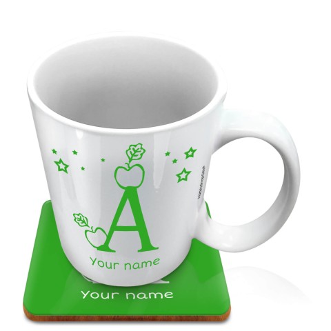 (10oz White) with Alphabet Theme Bright Green (Optional Personalised Gift Text) with 1 matching Square Coaster