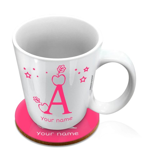 (10oz White) with Alphabet Theme Fuchsia Pink (Optional Personalised Gift Text) with 1 matching Circular Coaster