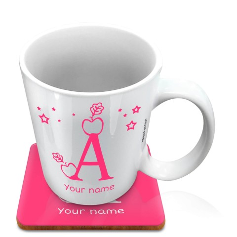 (10oz White) with Alphabet Theme Fuchsia Pink (Optional Personalised Gift Text) with 1 matching Square Coaster
