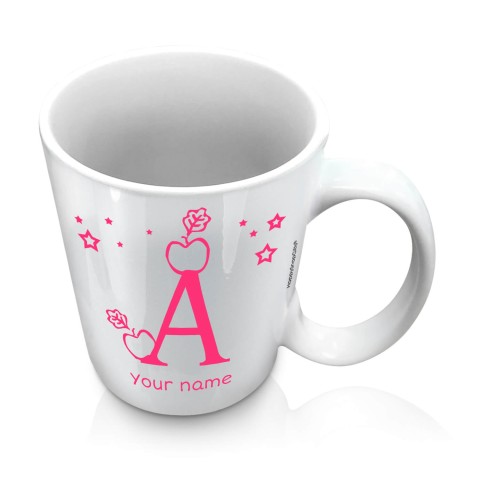 (10oz White) with Alphabet Theme Fuchsia Pink (Optional Personalised Gift Text)