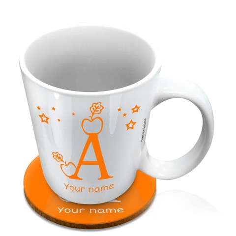 (10oz White) with Alphabet Theme Orange (Optional Personalised Gift Text) with 1 matching Circular Coaster