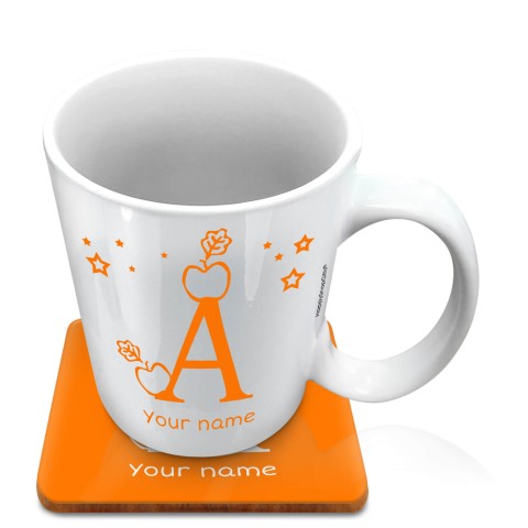(10oz White) with Alphabet Theme Orange (Optional Personalised Gift Text) with 1 matching Square Coaster