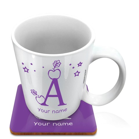 (10oz White) with Alphabet Theme Purple (Optional Personalised Gift Text) with 1 matching Square Coaster