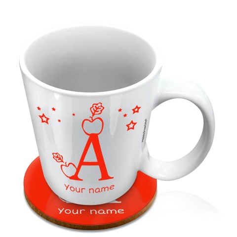 (10oz White) with Alphabet Theme Red (Optional Personalised Gift Text) with 1 matching Circular Coaster