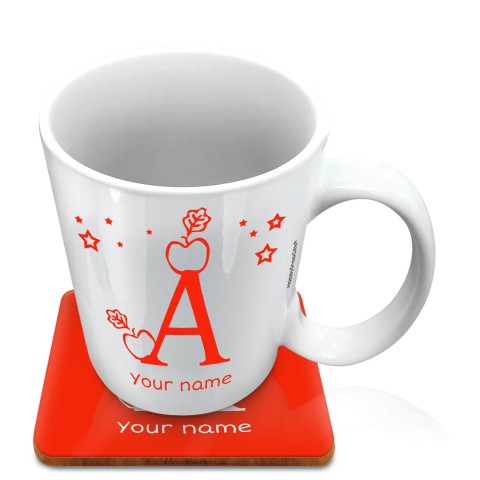 (10oz White) with Alphabet Theme Red (Optional Personalised Gift Text) with 1 matching Square Coaster