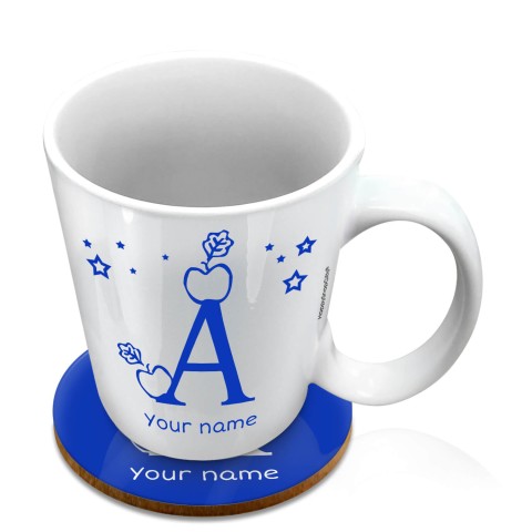 (10oz White) with Alphabet Theme Royal Blue (Optional Personalised Gift Text) with 1 matching Circular Coaster