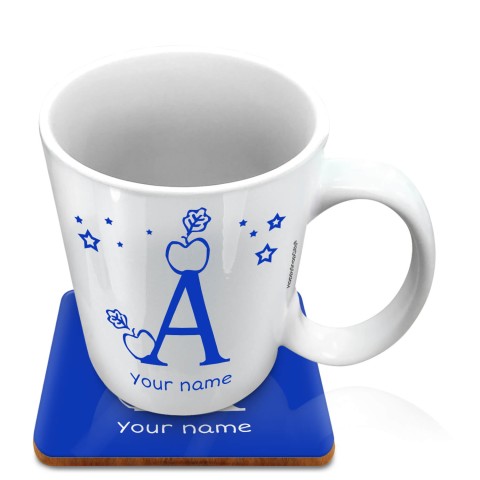 (10oz White) with Alphabet Theme Royal Blue (Optional Personalised Gift Text) with 1 matching Square Coaster