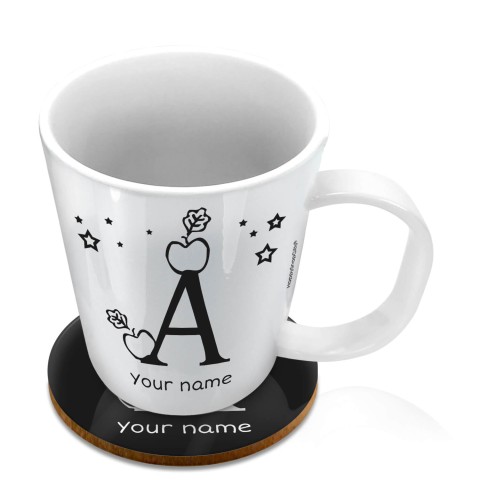 (11oz White) with Alphabet Theme Black (Optional Personalised Gift Text) with 1 matching Circular Coaster