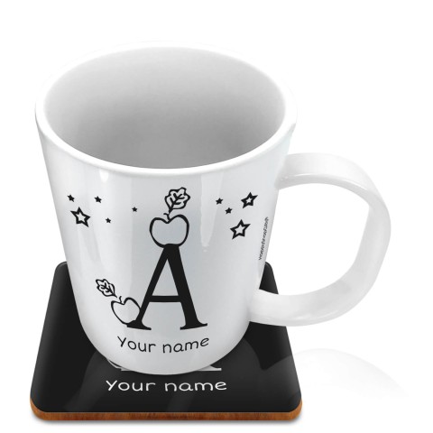 (11oz White) with Alphabet Theme Black (Optional Personalised Gift Text) with 1 matching Square Coaster