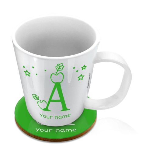 (11oz White) with Alphabet Theme Bright Green (Optional Personalised Gift Text) with 1 matching Circular Coaster