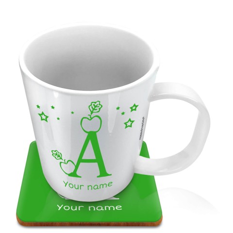 (11oz White) with Alphabet Theme Bright Green (Optional Personalised Gift Text) with 1 matching Square Coaster