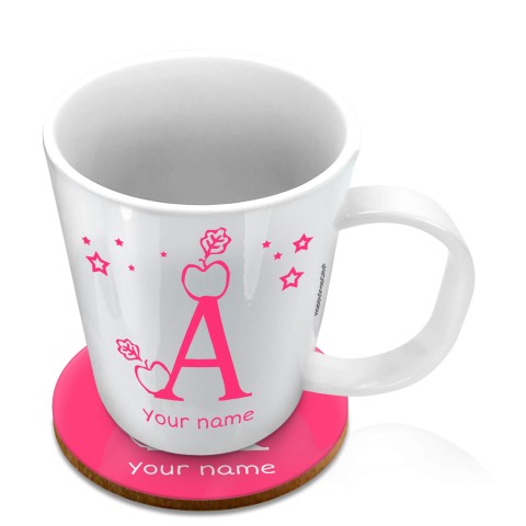 (11oz White) with Alphabet Theme Fuchsia Pink (Optional Personalised Gift Text) with 1 matching Circular Coaster