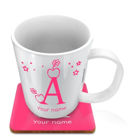 (11oz White) with Alphabet Theme Fuchsia Pink (Optional Personalised Gift Text) with 1 matching Square Coaster