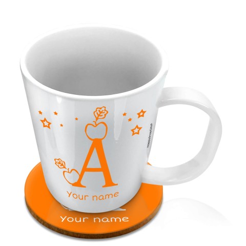 (11oz White) with Alphabet Theme Orange (Optional Personalised Gift Text) with 1 matching Circular Coaster