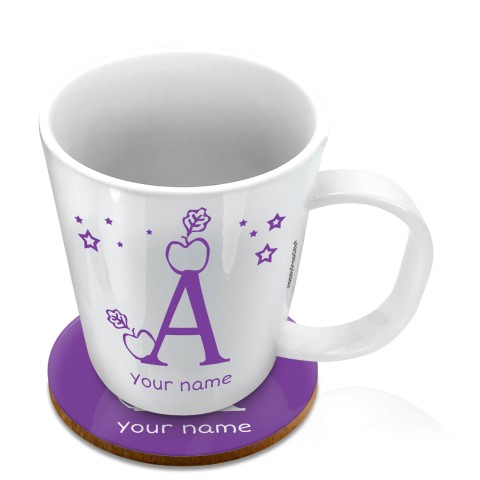 (11oz White) with Alphabet Theme Purple (Optional Personalised Gift Text) with 1 matching Circular Coaster