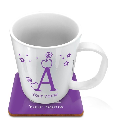 (11oz White) with Alphabet Theme Purple (Optional Personalised Gift Text) with 1 matching Square Coaster