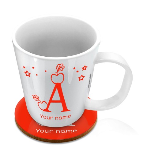 (11oz White) with Alphabet Theme Red (Optional Personalised Gift Text) with 1 matching Circular Coaster