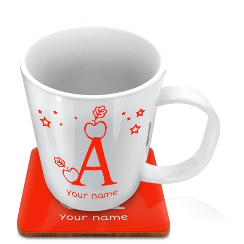 (11oz White) with Alphabet Theme Red (Optional Personalised Gift Text) with 1 matching Square Coaster