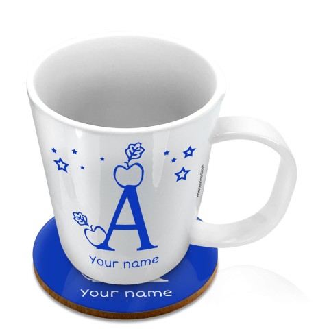 (11oz White) with Alphabet Theme Royal Blue (Optional Personalised Gift Text) with 1 matching Circular Coaster