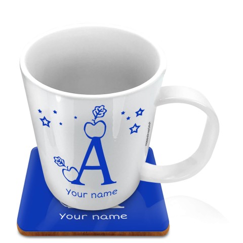 (11oz White) with Alphabet Theme Royal Blue (Optional Personalised Gift Text) with 1 matching Square Coaster