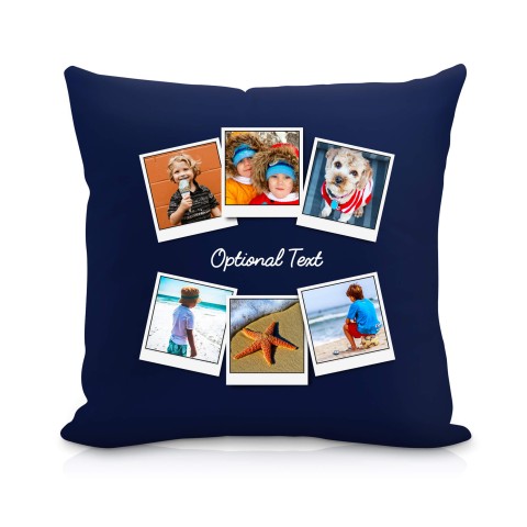 (25cm Square) (Polaroid Style Photo Print) Navy Blue Soft Velvet Polyester Fabric with Removable Cover (Zip) (Optional Personalised Gift Text)