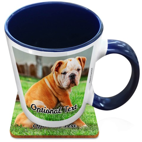 (XL 15oz Blue) with 1 Photo Printed Front & Back (Optional Personalised Gift Text) with 1 matching Square Coaster