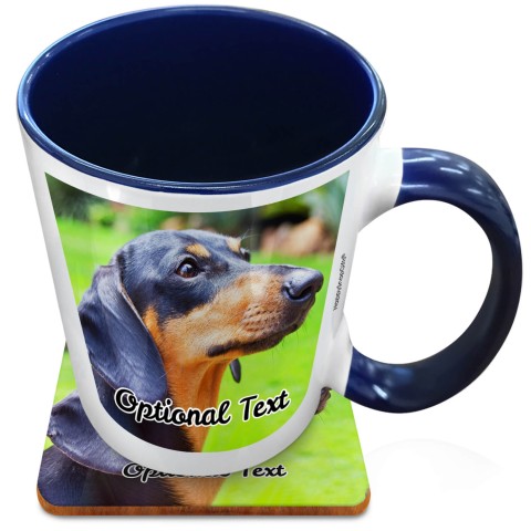 (XL 15oz Blue) with 2 Photos Printed Front & Back (Optional Personalised Gift Text) with 1 matching Square Coaster