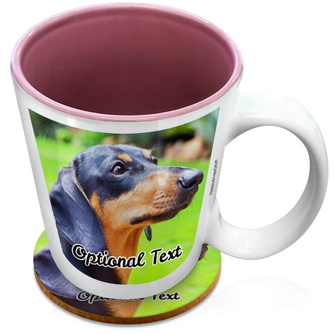 (XL 15oz Pink) with 2 Photos Printed Front & Back (Optional Personalised Gift Text) with 1 matching Circular Coaster