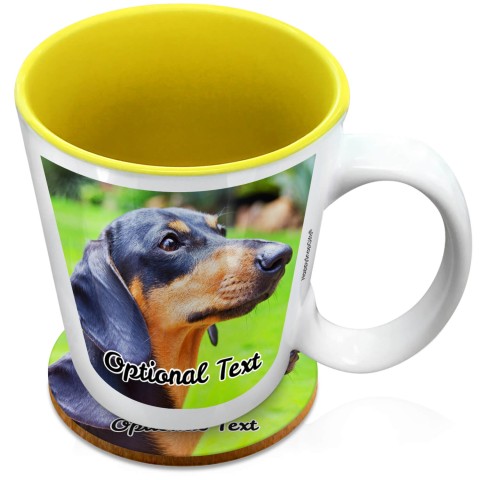 (XL 15oz Yellow) with 2 Photos Printed Front & Back (Optional Personalised Gift Text) with 1 matching Circular Coaster